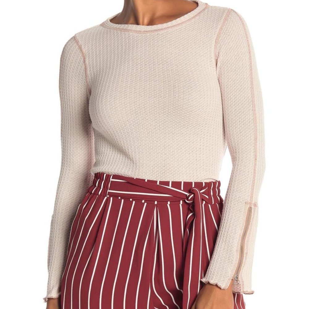 Elodie Waffle Knit Zipper Cuff Tee Shirt M NWT